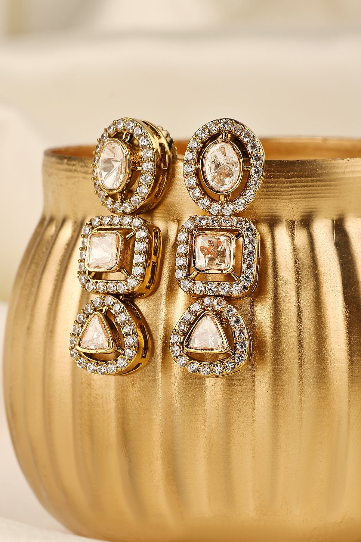 Gold Finish Kundan Polki Dangler Earrings