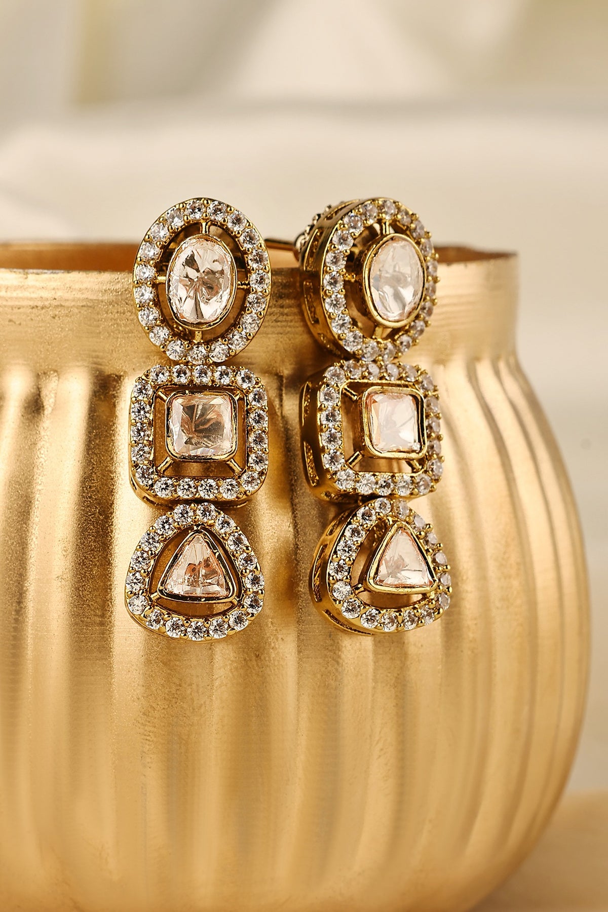 Gold Finish Kundan Polki Dangler Earrings