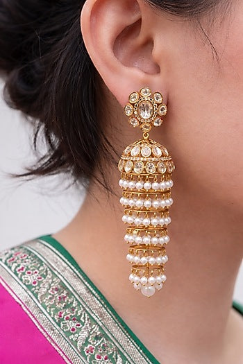 Gold Finish Kundan Polki & Pearl Jhumka Earrings