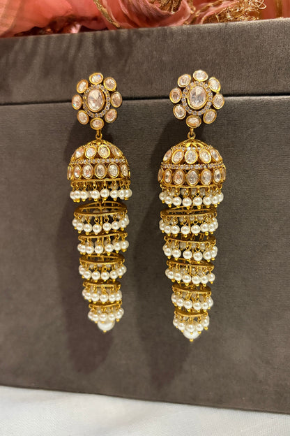 Gold Finish Kundan Polki & Pearl Jhumka Earrings