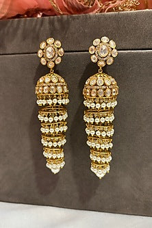 Gold Finish Kundan Polki & Pearl Jhumka Earrings
