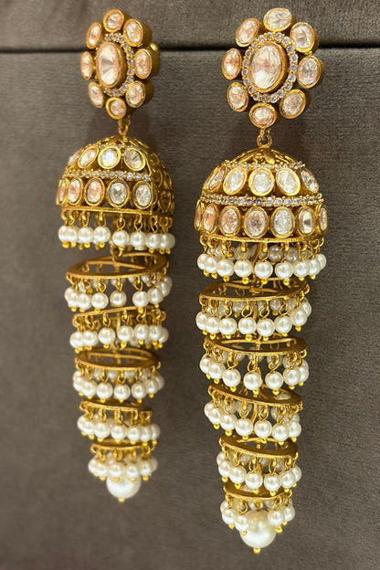 Gold Finish Kundan Polki & Pearl Jhumka Earrings