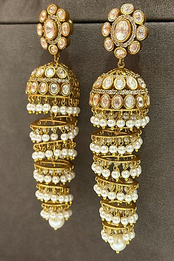 Gold Finish Kundan Polki & Pearl Jhumka Earrings