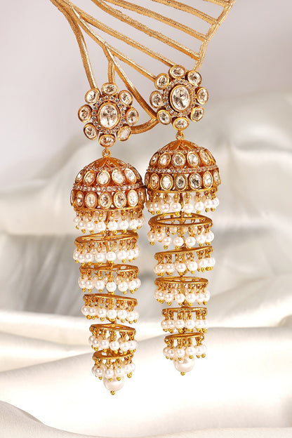 Gold Finish Kundan Polki & Pearl Jhumka Earrings
