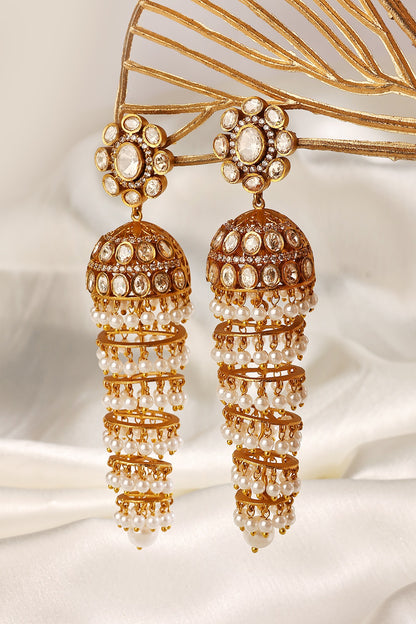 Gold Finish Kundan Polki & Pearl Jhumka Earrings
