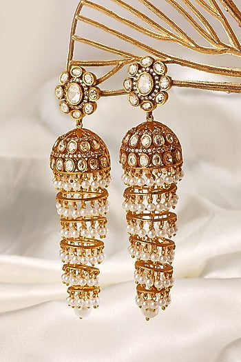Gold Finish Kundan Polki & Pearl Jhumka Earrings