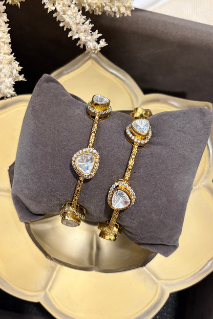 Gold Finish Kundan Polki Bangles (Set Of 2)