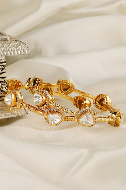 Gold Finish Kundan Polki Bangles (Set Of 2)