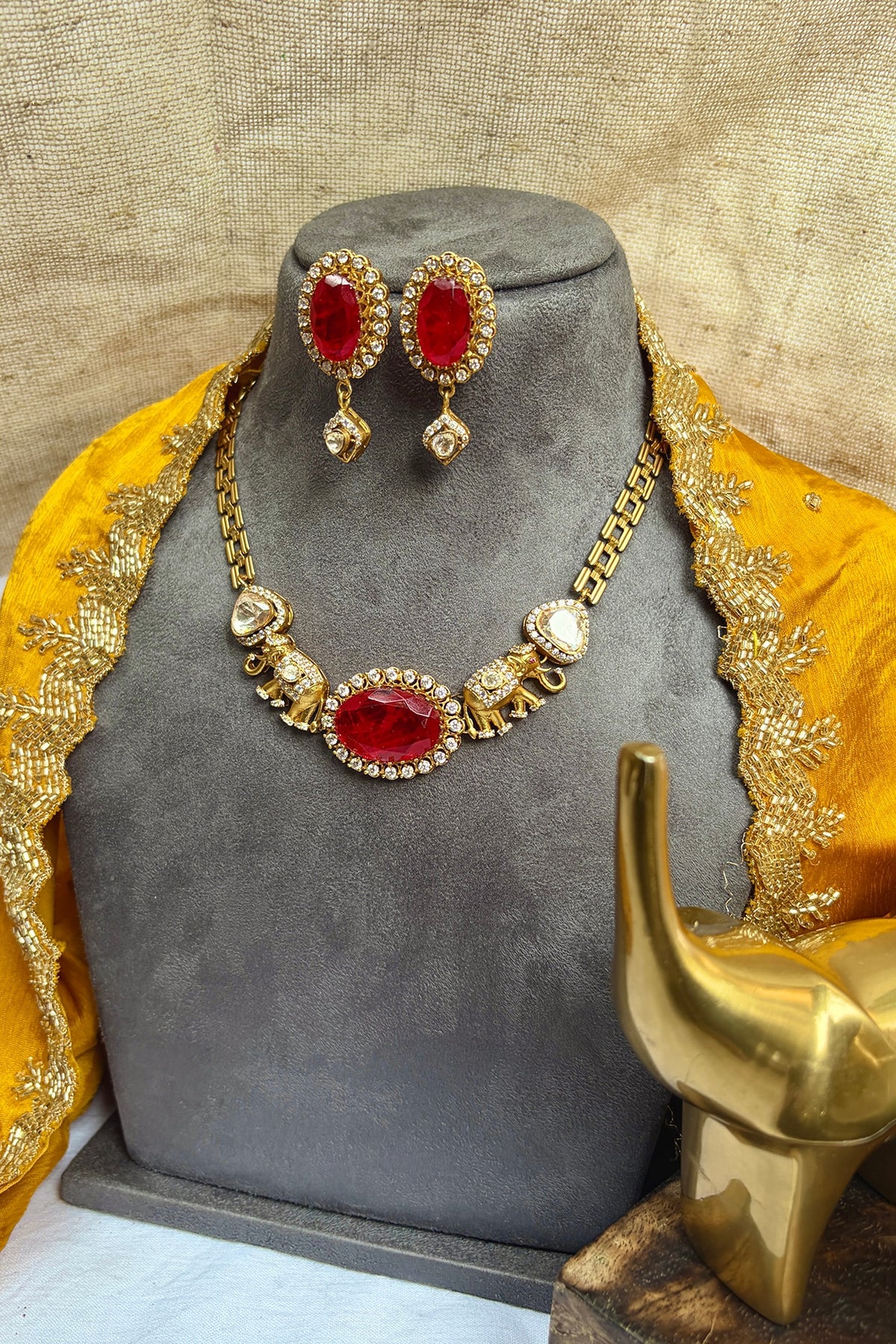 Gold Finish Kundan Polki & Ruby Choker Necklace Set