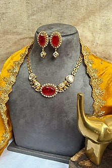 Gold Finish Kundan Polki & Ruby Choker Necklace Set