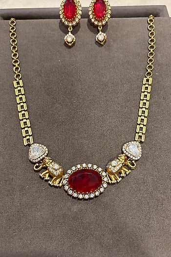 Gold Finish Kundan Polki & Ruby Choker Necklace Set