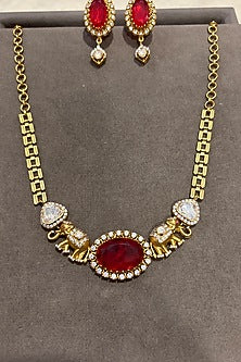 Gold Finish Kundan Polki & Ruby Choker Necklace Set