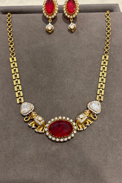 Gold Finish Kundan Polki & Ruby Choker Necklace Set