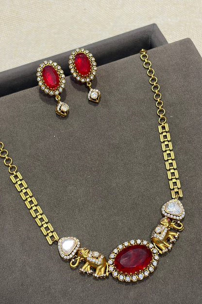 Gold Finish Kundan Polki & Ruby Choker Necklace Set