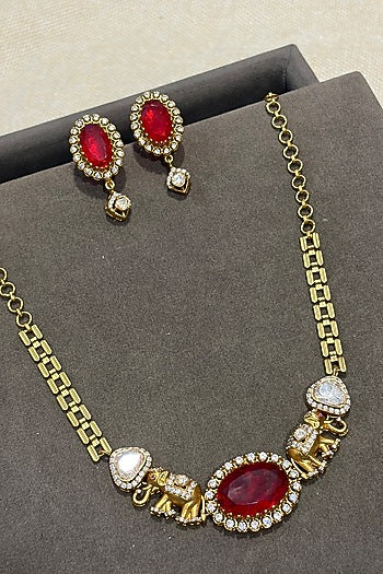 Gold Finish Kundan Polki & Ruby Choker Necklace Set