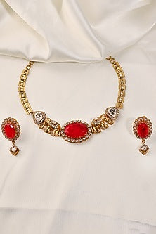 Gold Finish Kundan Polki & Ruby Choker Necklace Set