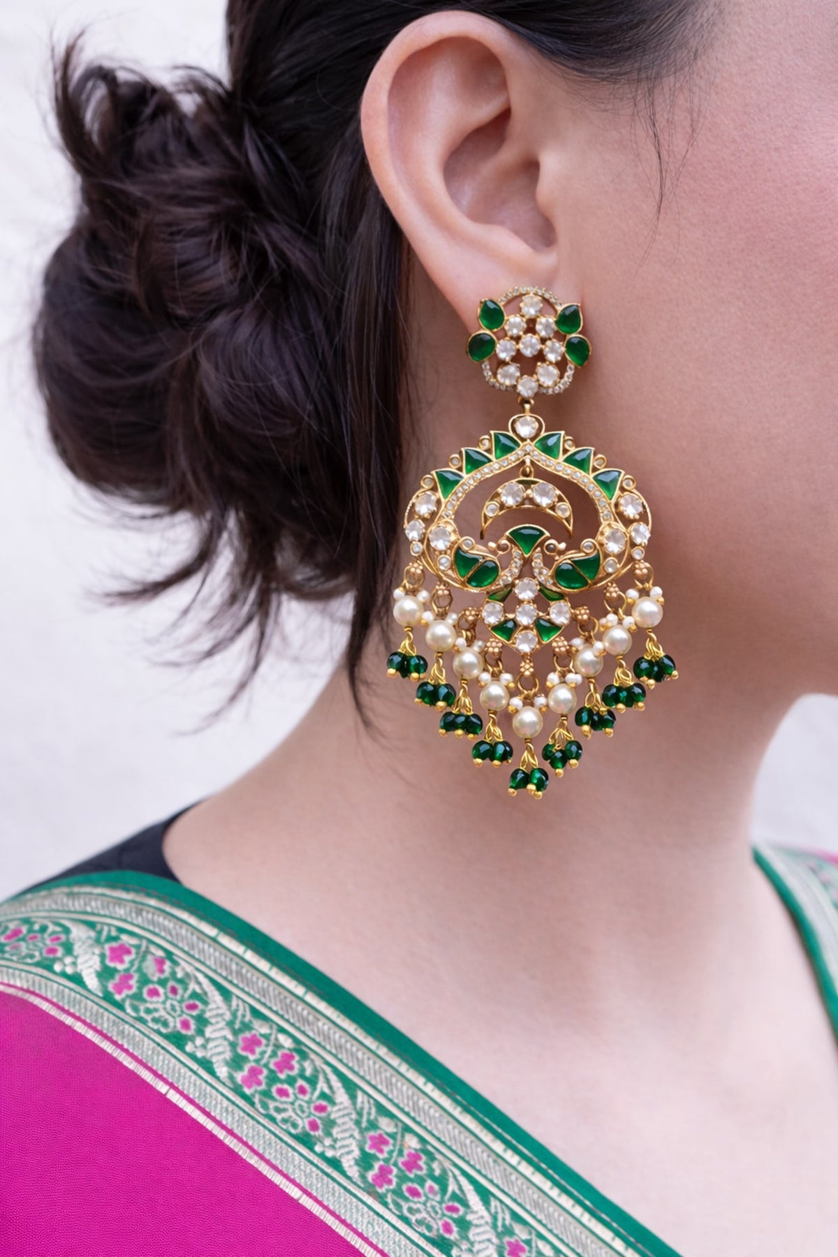 Gold Finish Kundan Polki & Emerald Chandbali Earrings