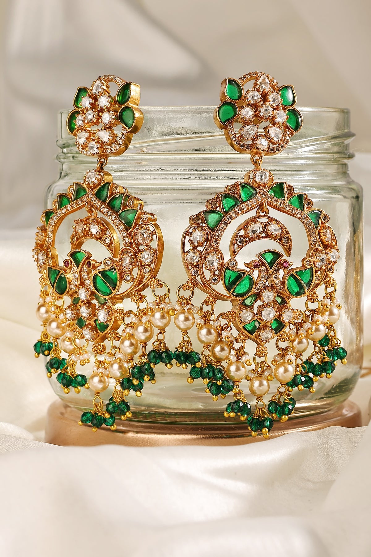 Gold Finish Kundan Polki & Emerald Chandbali Earrings