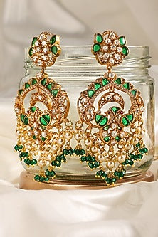 Gold Finish Kundan Polki & Emerald Chandbali Earrings