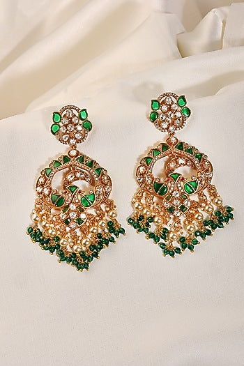 Gold Finish Kundan Polki & Emerald Chandbali Earrings