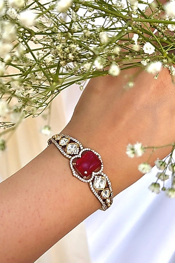 Gold Finish Kundan Polki & Ruby Bangle