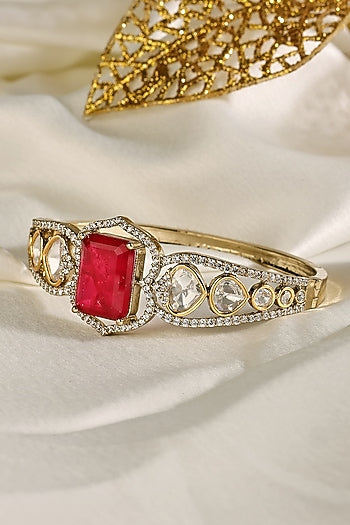 Gold Finish Kundan Polki & Ruby Bangle