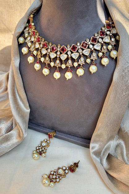 Antique Gold Finish Kundan Polki & Ruby Choker Necklace Set