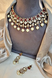 Antique Gold Finish Kundan Polki & Ruby Choker Necklace Set