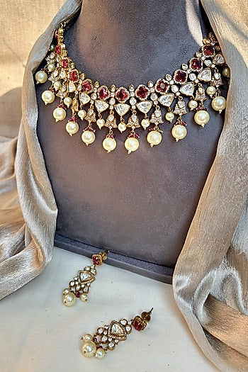 Antique Gold Finish Kundan Polki & Ruby Choker Necklace Set