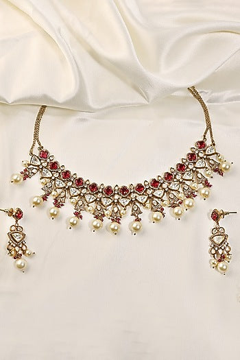 Antique Gold Finish Kundan Polki & Ruby Choker Necklace Set