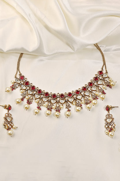 Antique Gold Finish Kundan Polki & Ruby Choker Necklace Set