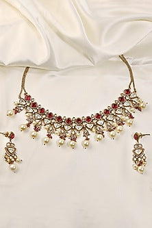 Antique Gold Finish Kundan Polki & Ruby Choker Necklace Set
