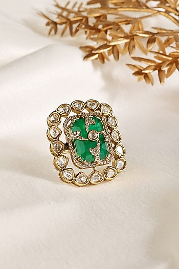 Gold Finish Kundan Polki & Emerald Ring