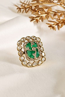 Gold Finish Kundan Polki & Emerald Ring