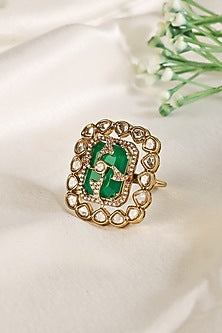 Gold Finish Kundan Polki & Emerald Ring
