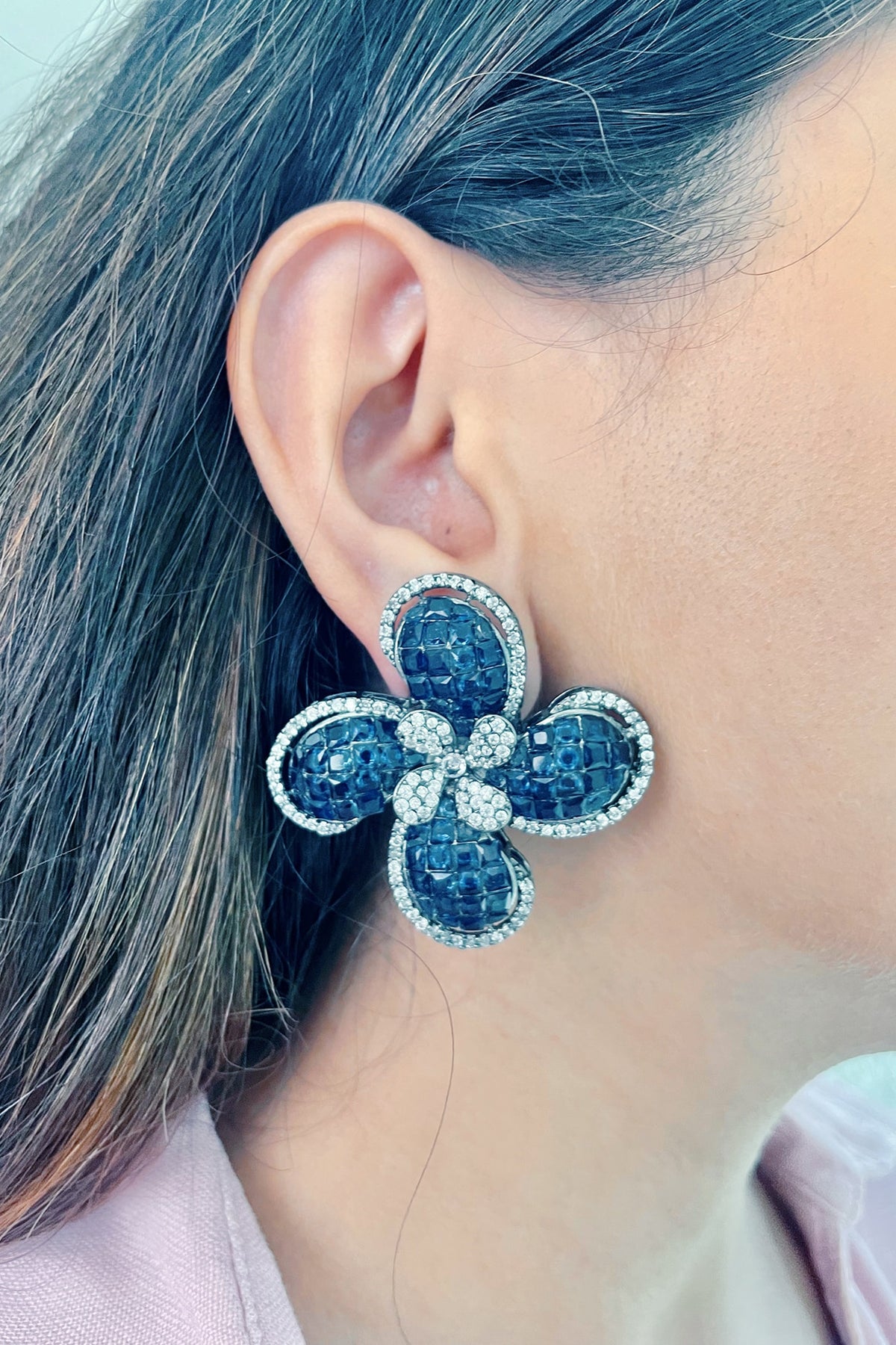 White Finish Blue Zircon Handcrafted Stud Earrings