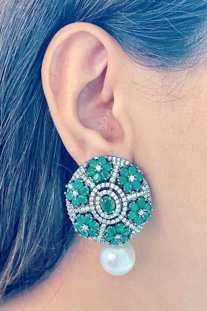 White Finish Green Zircon Handcrafted Stud Earrings