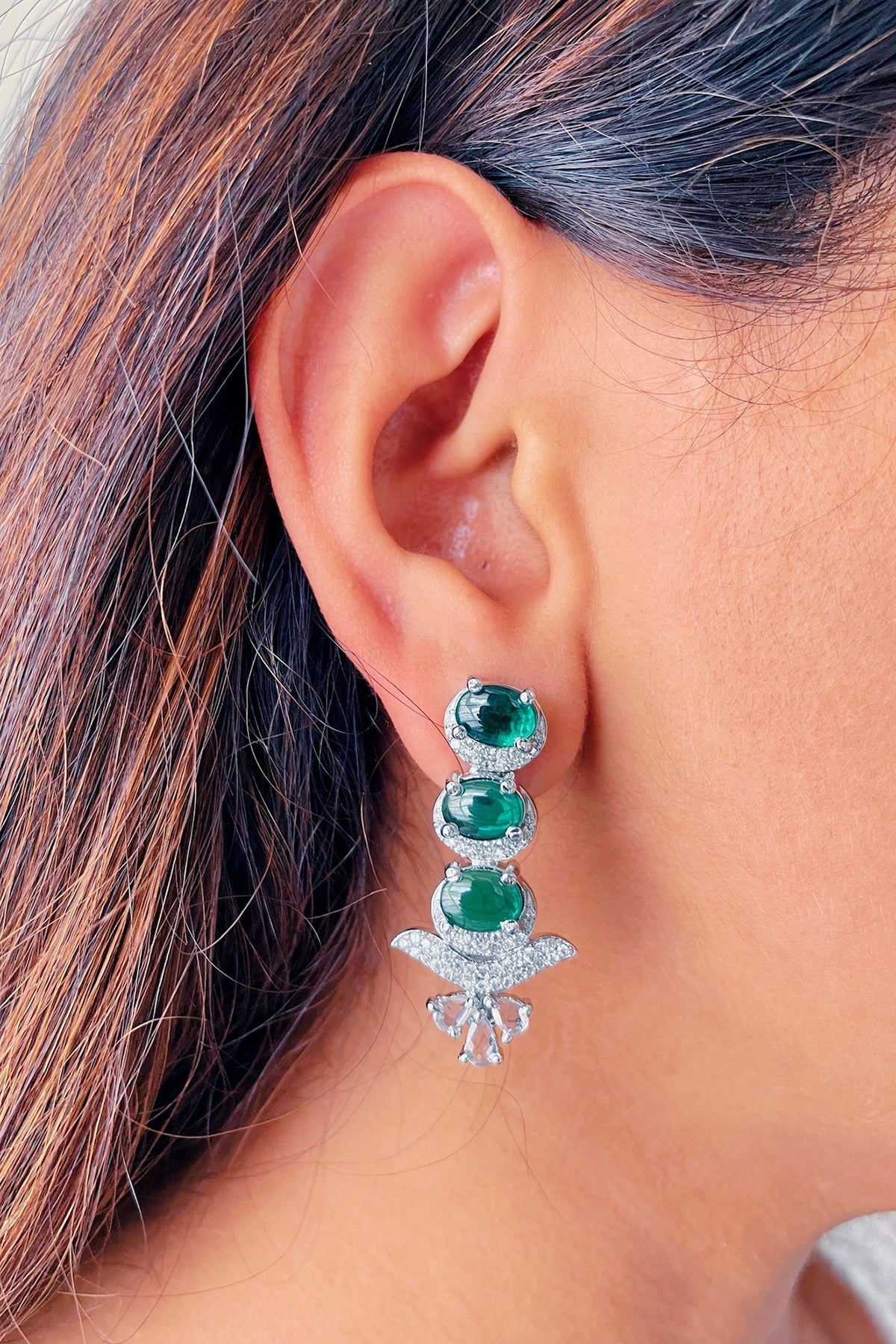 White Finish Green Zircon Handcrafted Dangler Earrings