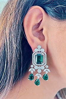 White Finish Zircon & Emerald Dangler Earrings