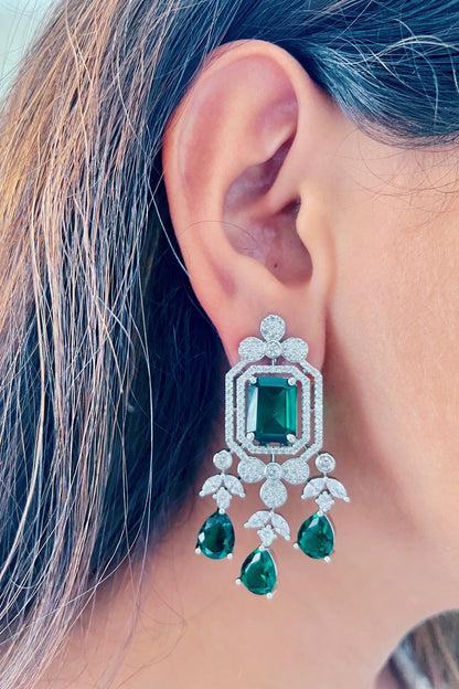 White Finish Zircon & Emerald Dangler Earrings