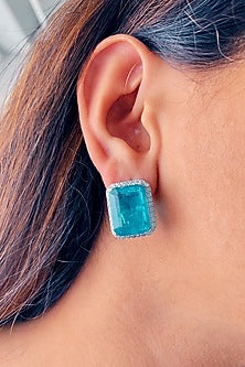 White Finish Blue Zircon Handcrafted Stud Earrings