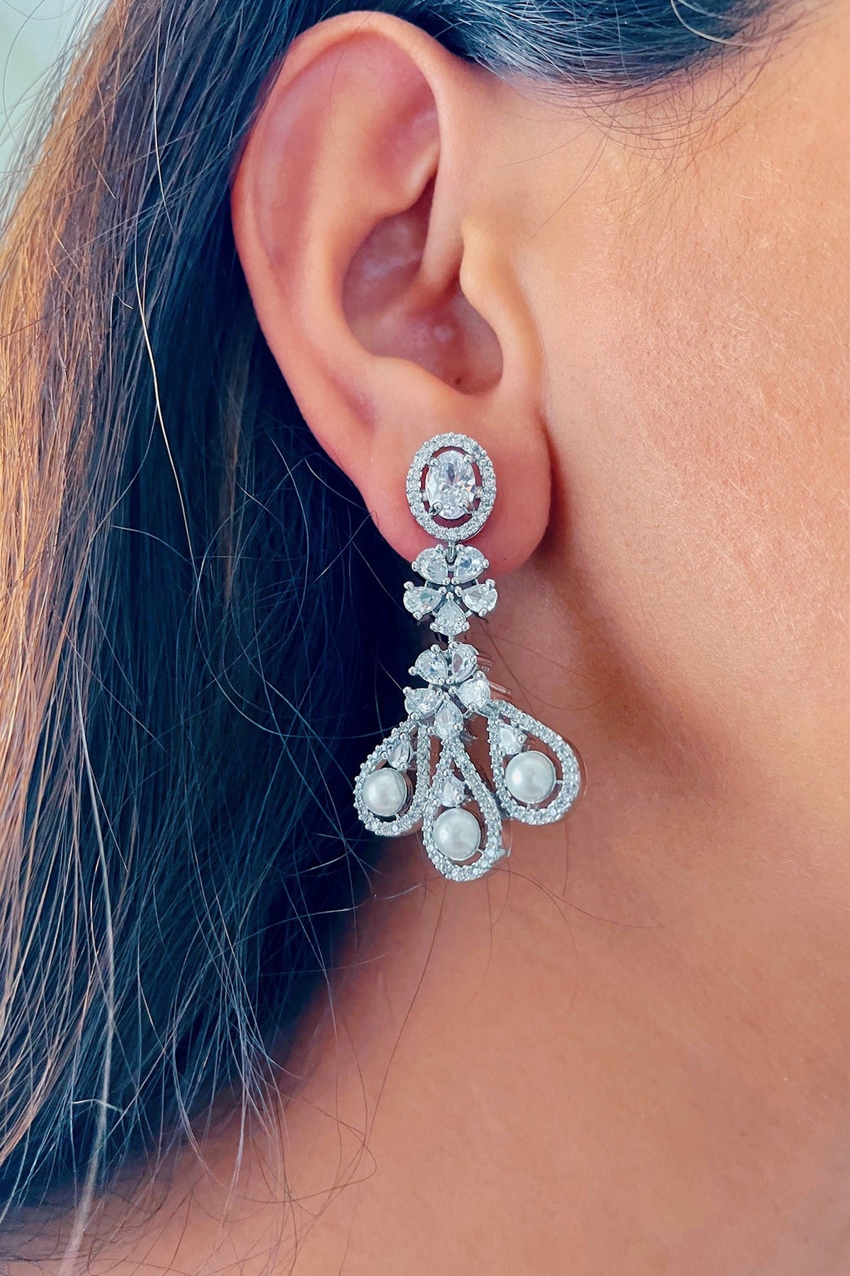 White Finish Zircon Handcrafted Dangler Earrings