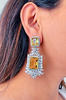 White Finish Orange Zircon & Diamond Handcrafted Dangler Earrings