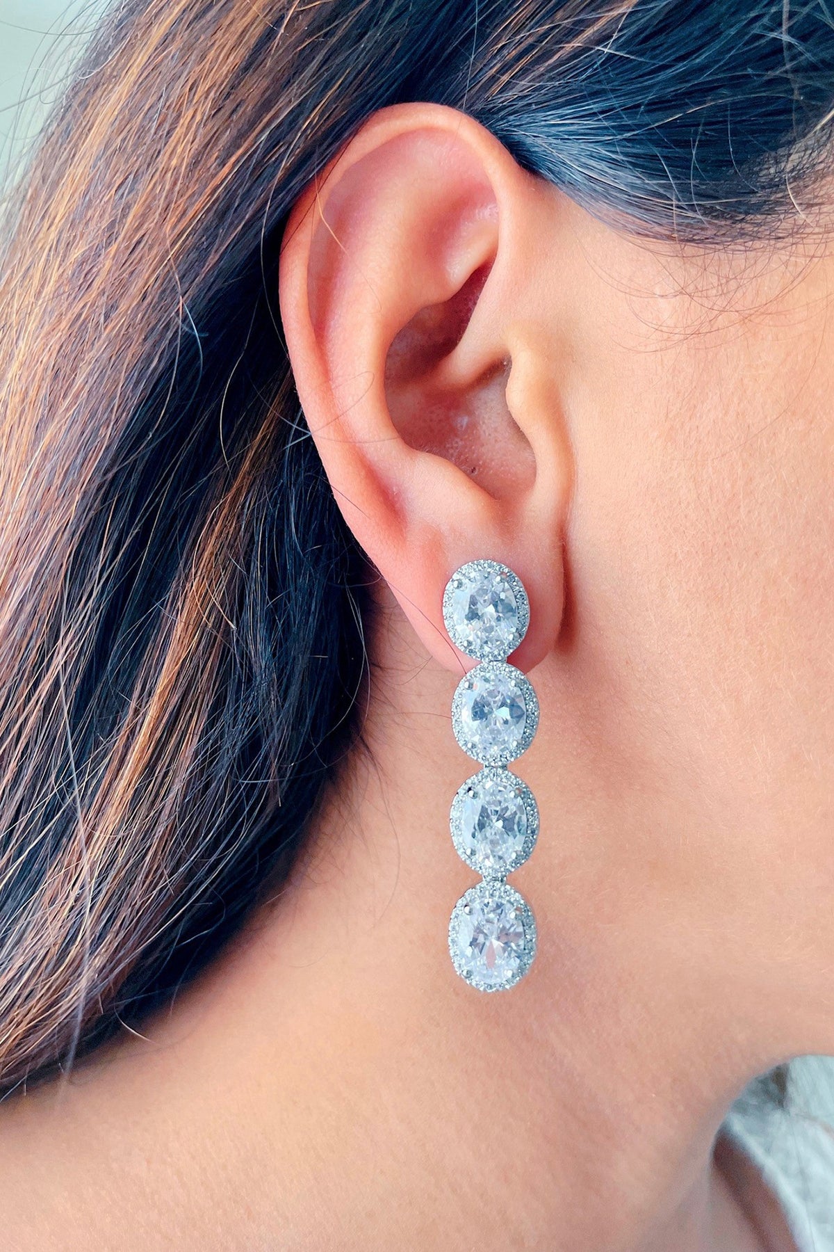 White Finish Zircon & Diamante Dangler Earrings