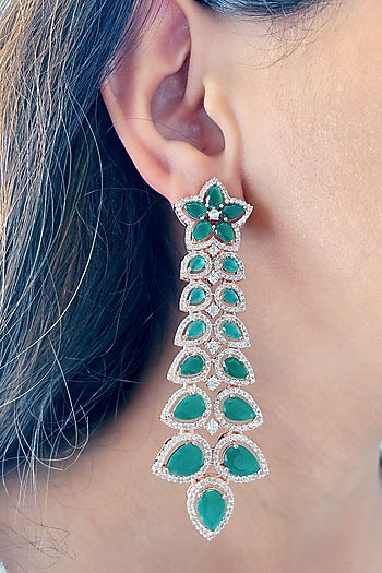 White Finish Zircon & Emerald Dangler Earrings