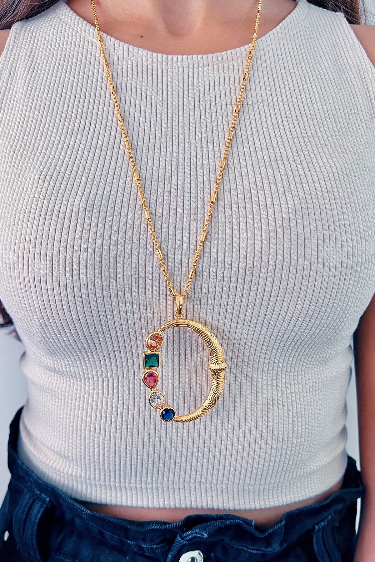 Gold Plated Multi-Colored Stone Initial Pendant Necklace