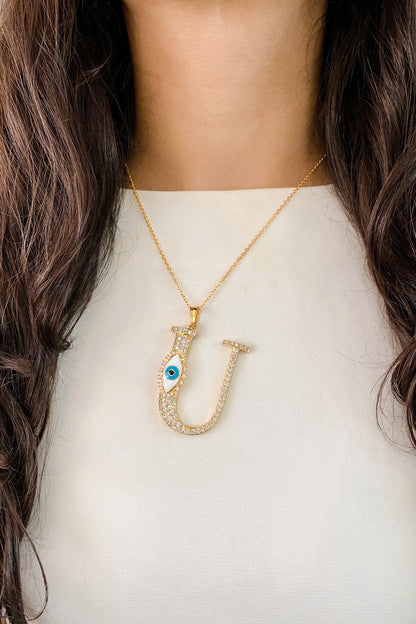 Gold Plated Diamond Evil Eye Initial Pendant Necklace