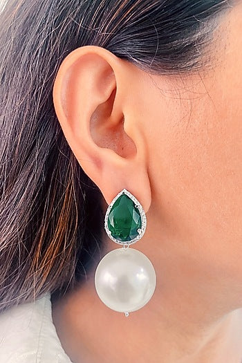 White Finish Green Pearl Drop Dangler Earrings