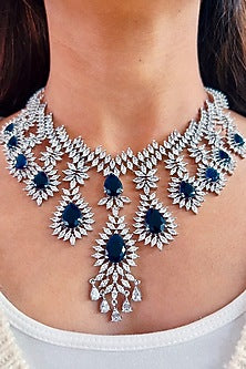 White Rhodium Plated Blue Zircon Necklace