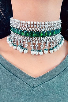 White Rhodium Plated Green Zircon & Pearl Choker Necklace